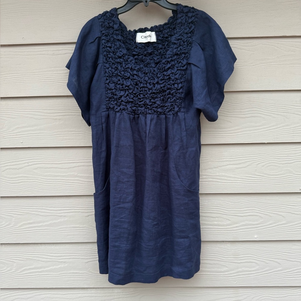 Claude Tulum Navy Linen Blue Ruffled Dress